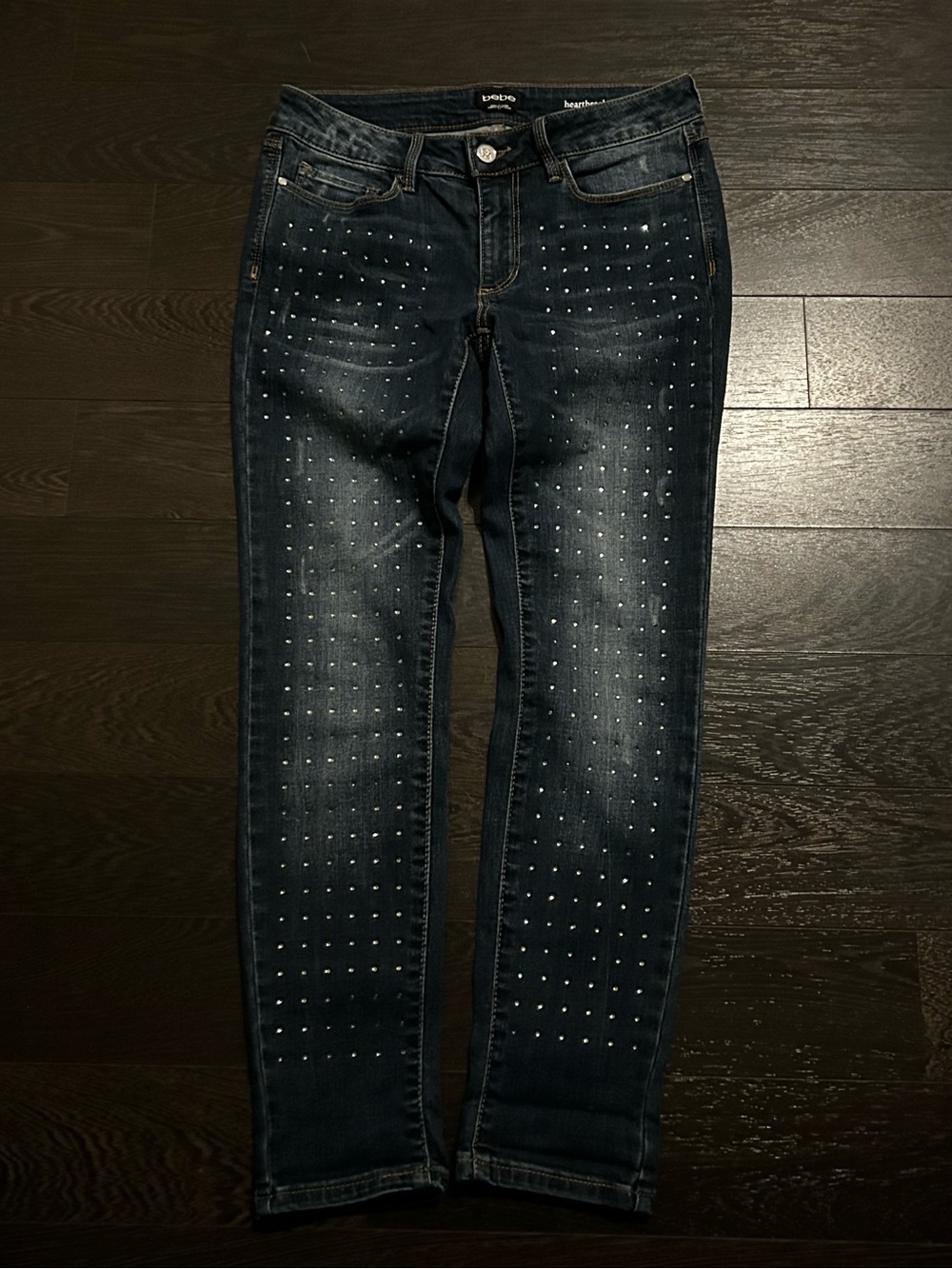 Bebe Heartbreaker Rhinestone Embellished Skinny Jeans Dark Wash Bling Y2K